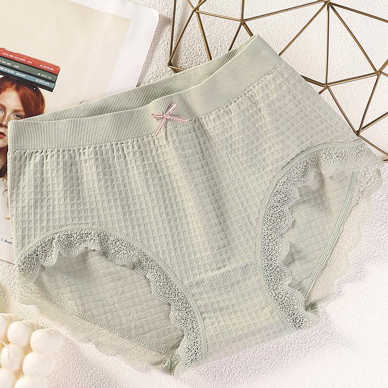 Women's Plaid Lace Edge Seamless Waffle Underwear with Graphene Crotch and Bowknot