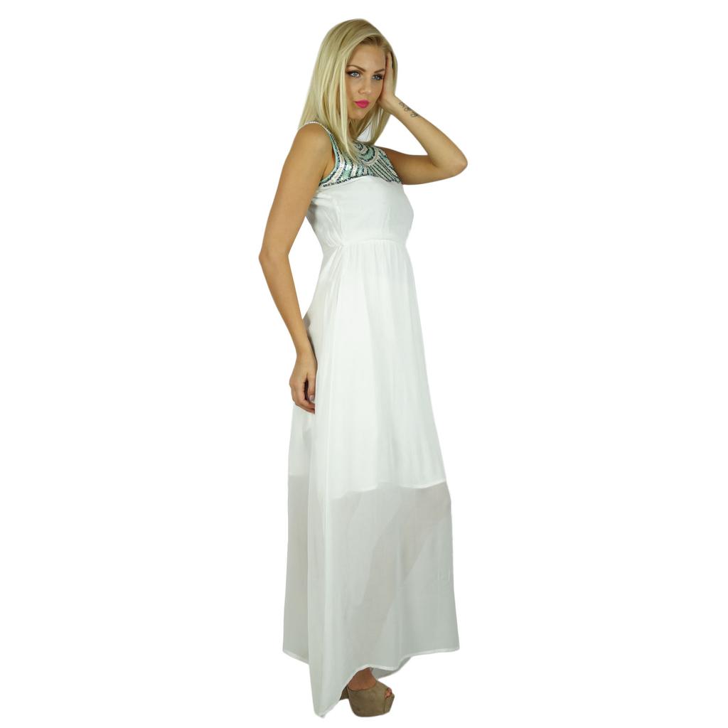 Bimba Women White Long Maxi Dress Half Lined With Beaded Neckline