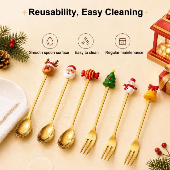 Weihnachtsgabel/Löffel, Langlebiger Edelstahl, mit Niedlicher 3D-Weihnachtspuppen-Dekor Besteck, für Festliches Zuhause Restaurant