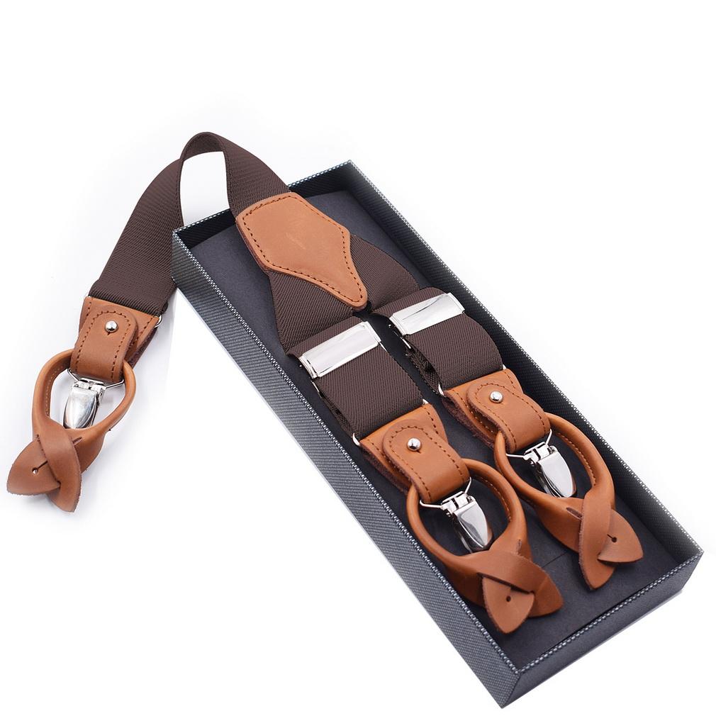 Men 2-in-1 Y-Back Suspenders Elastic 6 Clips Button End Genuine Leather Braces