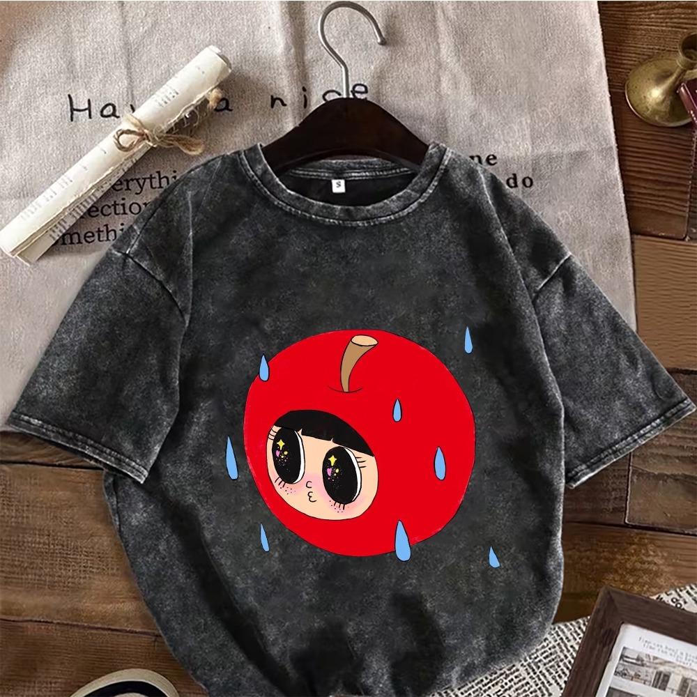 Cute Cartoon Print Vintage Washed Black Oversized T-Shirt Casual Crew Neck Short Sleeve Tee for Women Daily