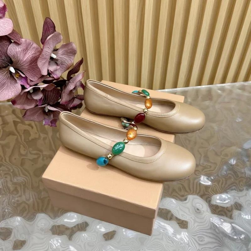 

Elegant Women Shoes Casual Ballet Flats Solid Color Soft Round Toe Leather Shallow Gemstone Decoration Skirt Dress Summer Shoes 35