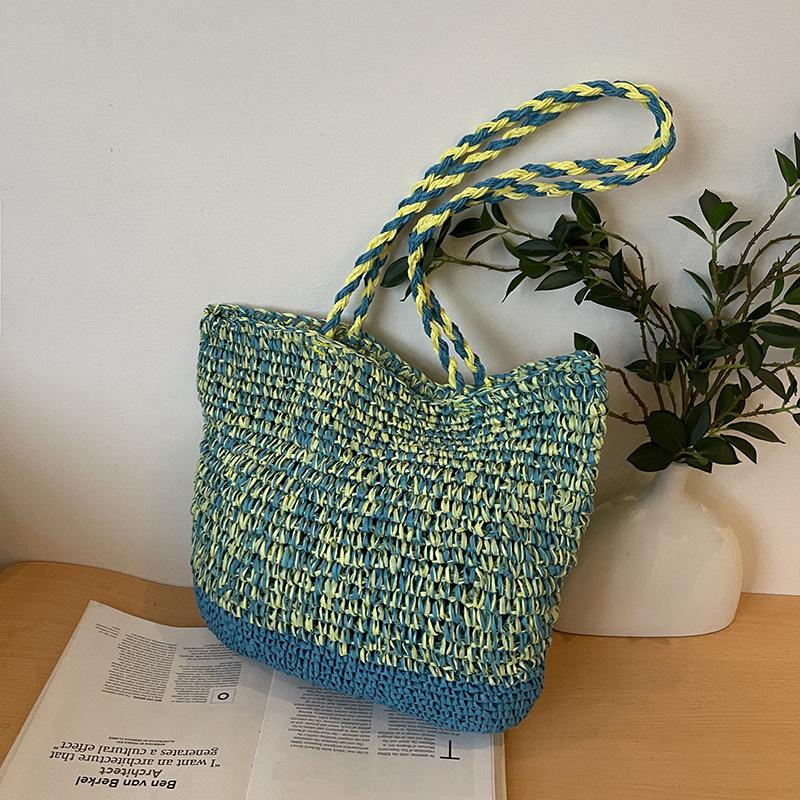 

Summer new casual shoulder bag seaside vacation bag large capacity fashion versatile woven tote bag синий