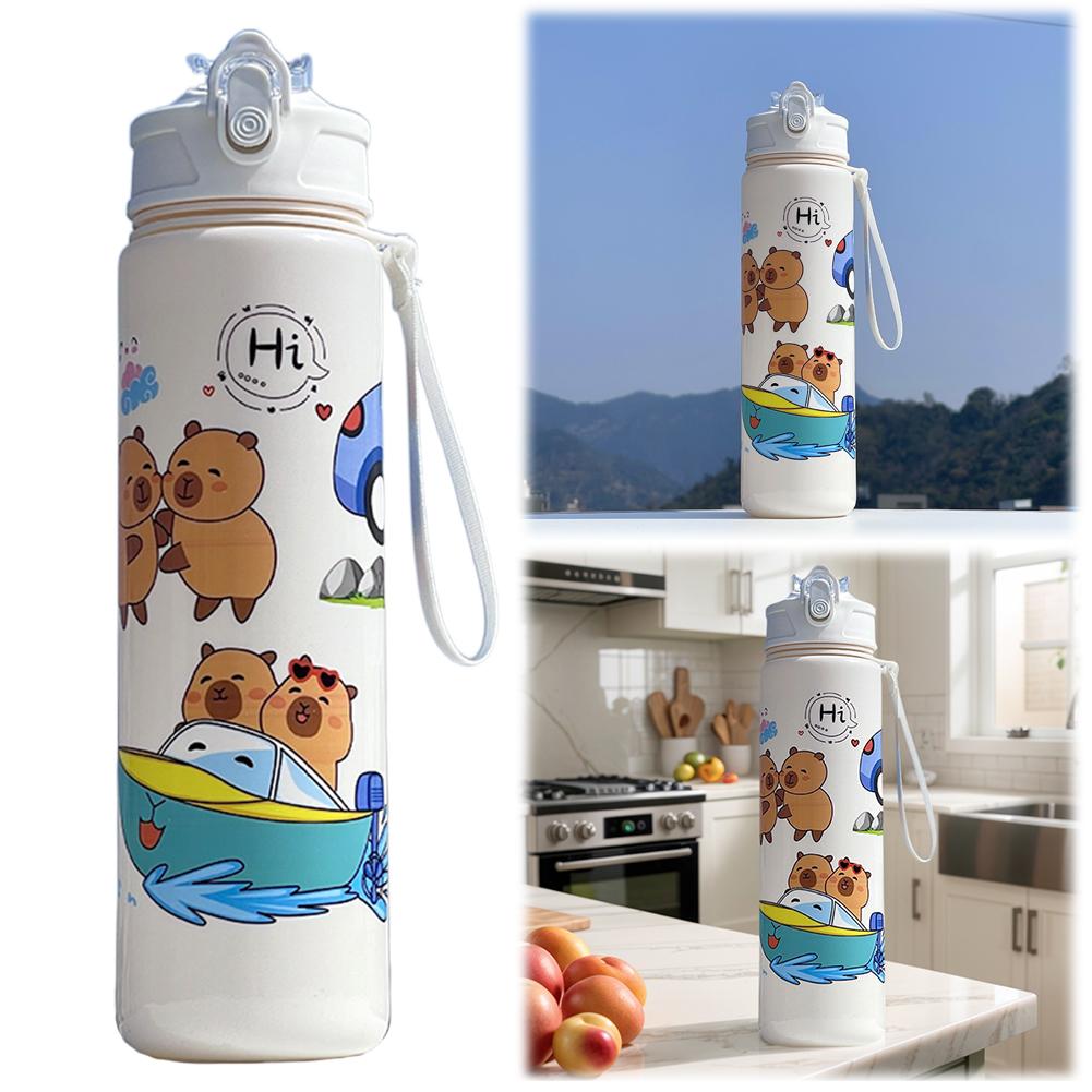 800ml Capybara Sports Water Bottle with Straw & Handle Portable Drinking Bottle Travel Water Cup for Boys Girls Daily Use