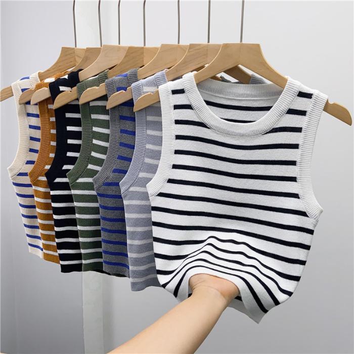 Harajuku Elasticity Women Yoga Sleeveless Crop Tops Allmatch Camisole Y2k Kintted Sports Tops Oneck Casual Thin Stripe Slim Tank Tops Summer