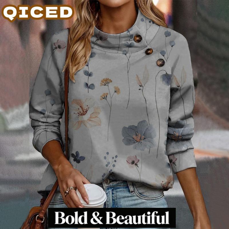 QICED Women's Fashion Casual Long Sleeve O-Neck Blouses & Shirts