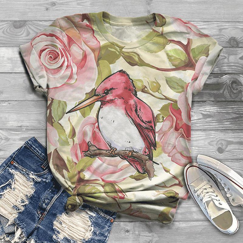 Summer New Bird 3D Printed Women's Top Loose Short Sleeve Loose Casual T-shirt