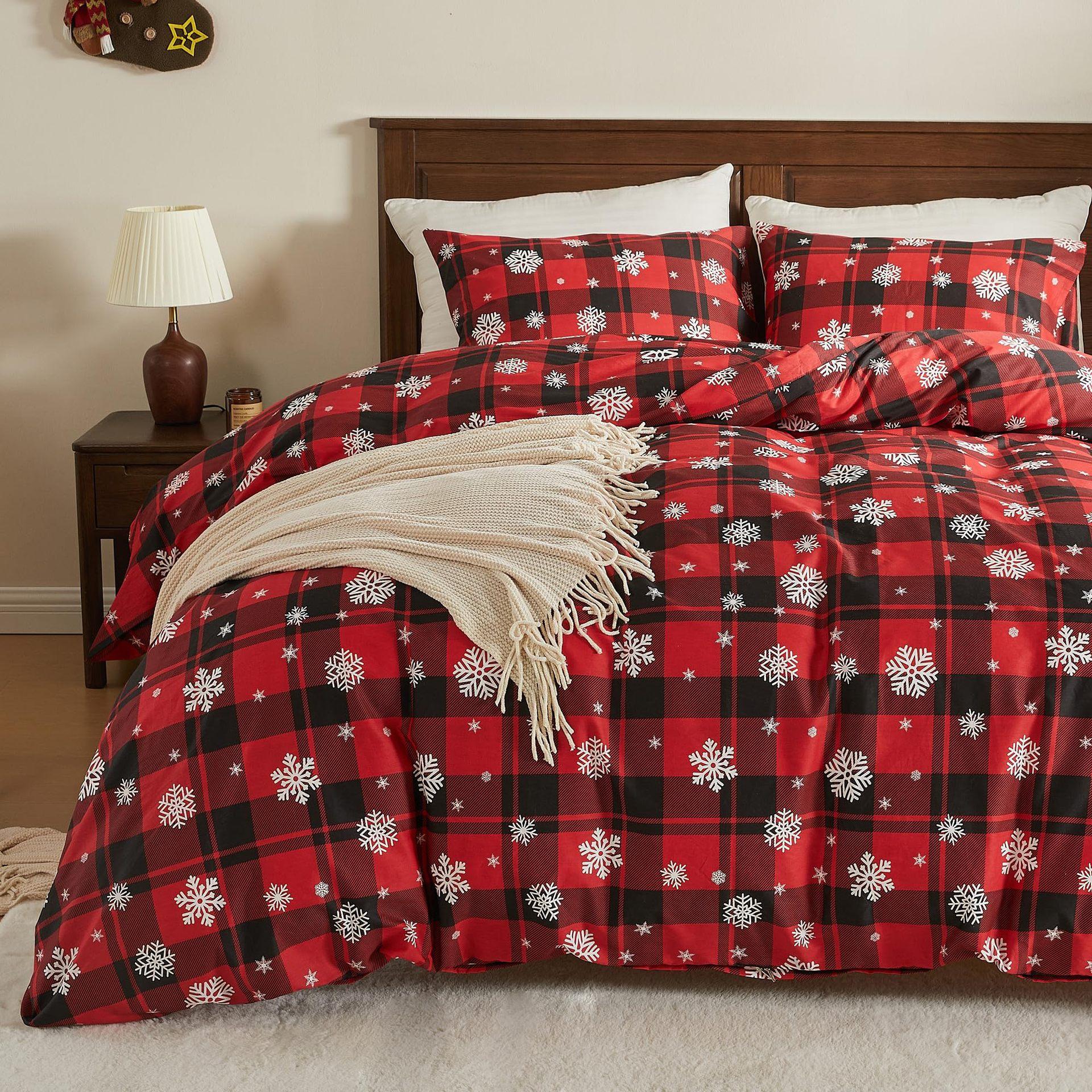 

Christmas Snowflake Plaid Printing Quilt Cover Home Textile Bedding Three-Piece Set EU Single 135*200
