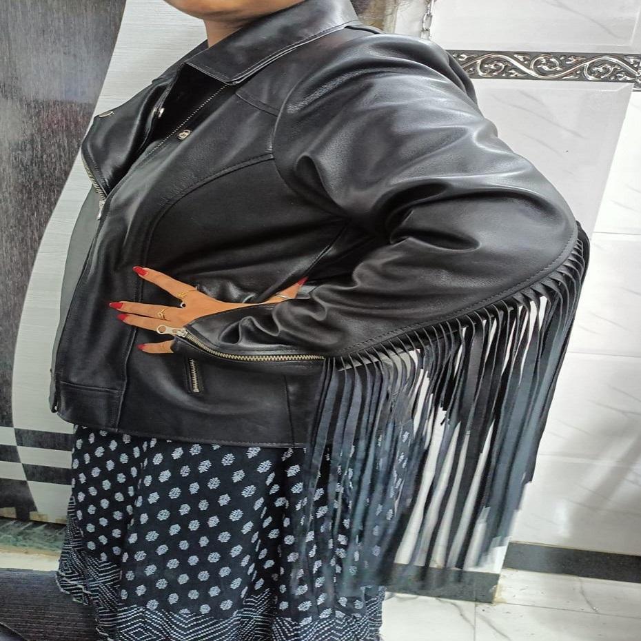 Noora Women's Lambskin Black Leather Jacket | Black Western Style Fringe Jacket | Biker Leather Tassel Jacket |
