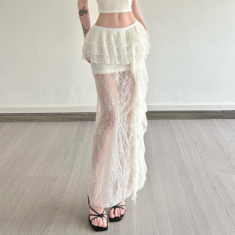 2025 Women's White Ruffled Lace Half Skirt, Holiday Style, Sexy & Slightly Sheer, Irregular Design