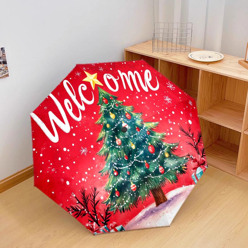 1 PC Automatic Folding Umbrella - Santa Claus, cat, gingerbread house Pattern, Portable & Foldable Design with 11 Ribs, Christmas Birthday Gifts