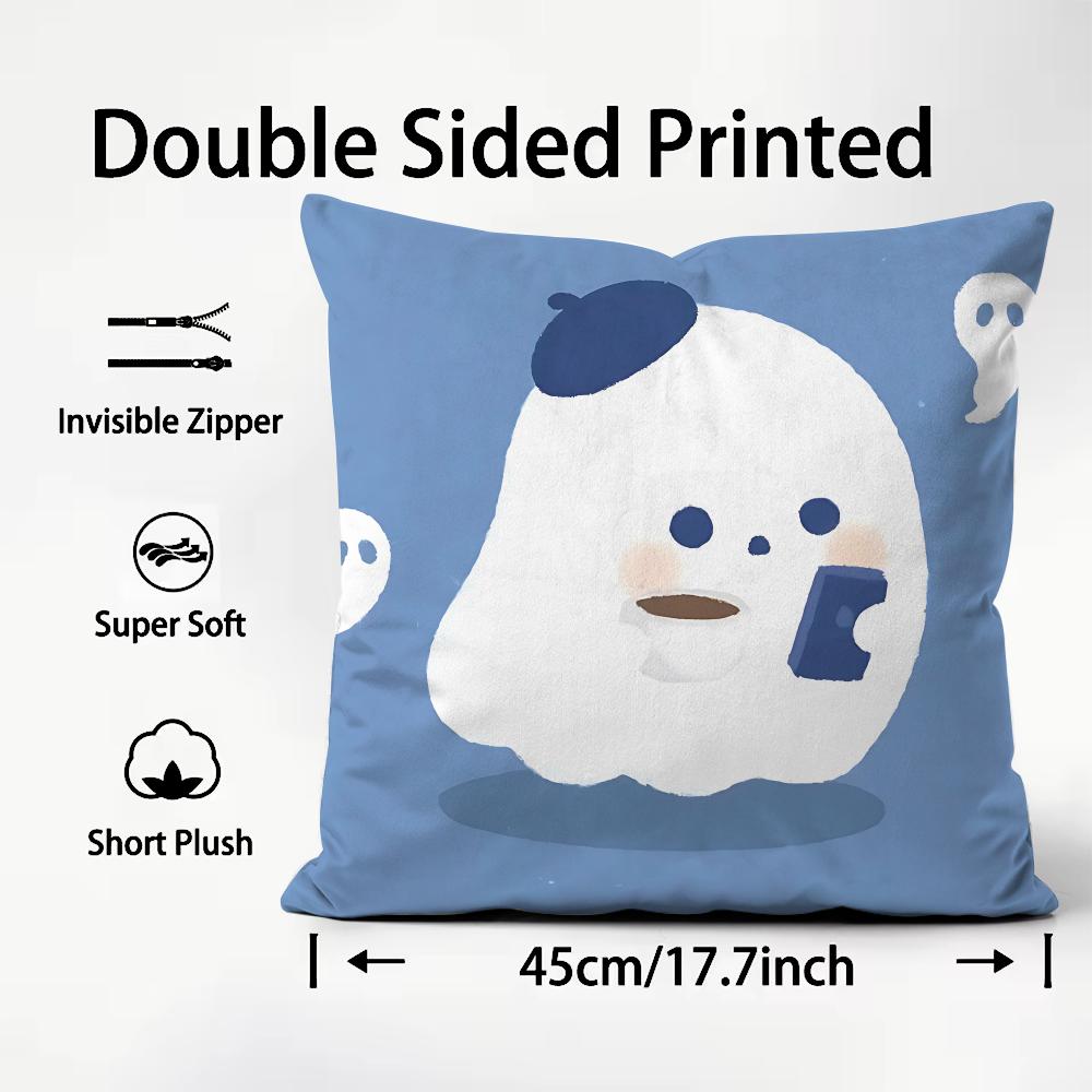 Character Cute Ghost Cushion Cover Soft & Easy-Wash Pillow Case – Versatile For Couch, Bed, Travel And Office