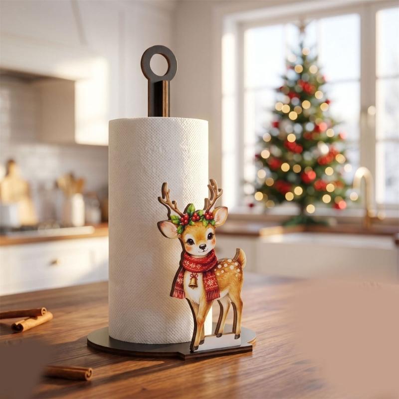 Wood Paper Towel Roll Holder with Vertical Center Post, Round Base, and Christmas Animal Panel for Countertop Use