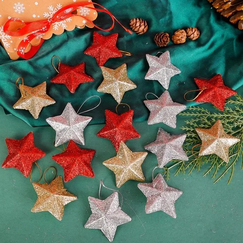 120/6Pcs Glitter Star Ornaments Christmas Tree Hanging Pentagram Pendant for Home Navidad New Year Party DIY Five-pointed Stars