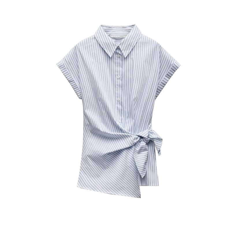 Spring New Temperament Work Clothing Lapel Short Sleeve Poplin Shoelace Shirt 4043050 9479048 3360