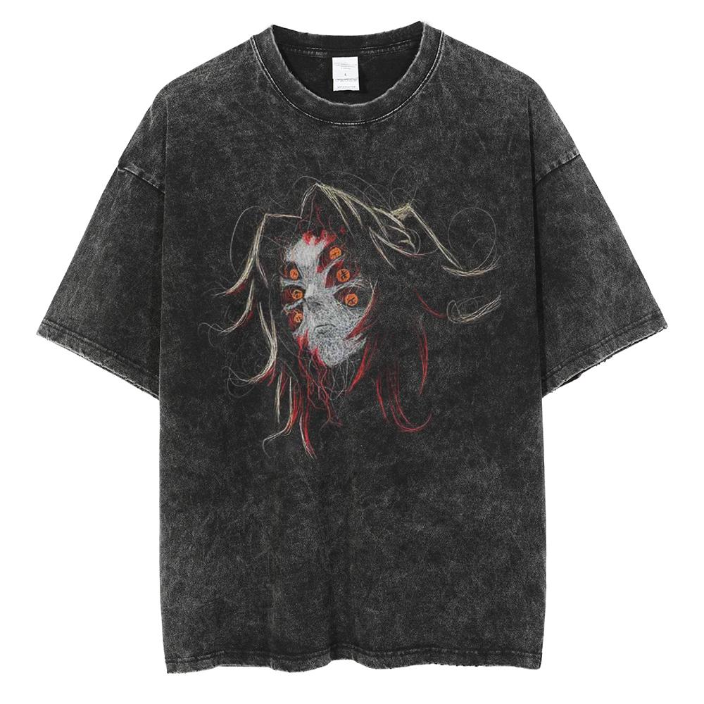 Hot Anime Demon Slayer Kokushibo Graphic Print Washed T Shirt Men Vintage Cotton Tshirts Manga Casual Tee Harajuku Male T-shirt
