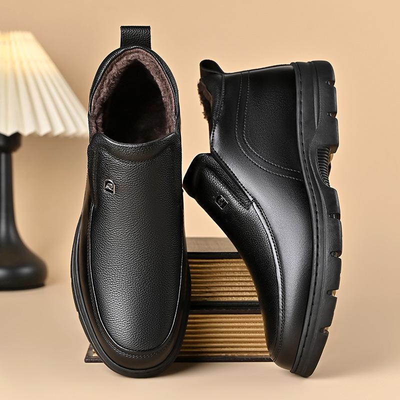 Men's 2025 Winter Genuine Leather Fleece-Lined High-Top Snow Boots with Thick Soles for Middle-Aged and Elderly