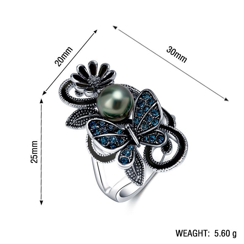Trendy Ink Blue Pearl Butterfly Crystal Women's Ring For Engagement Wedding Copper Accessories Rings Wholesale