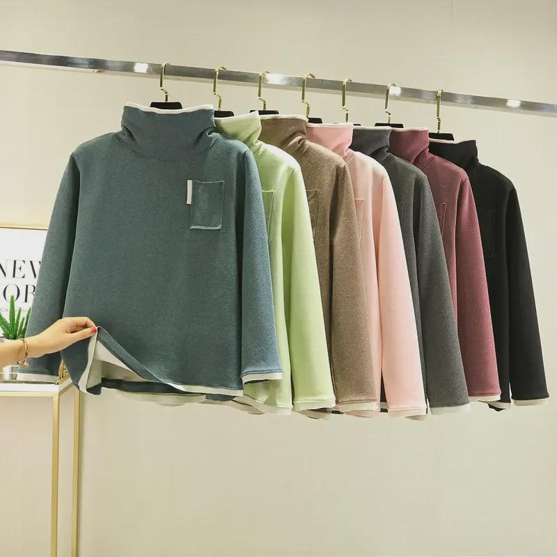 German Velvet Women's Half Turtleneck Pocket Top - Thick, Warm, Slimming, and Versatile Two-In-One for Autumn/Winter.