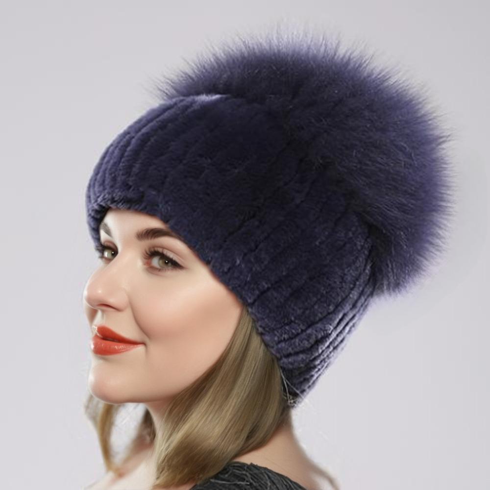 Nové Dámské Zimní Luxusní Čepice z pravé Rex Králičí kožešiny Pletená Rexová králičí kožešinová čepice Top Přírodní Liščí kožešina Čepice Originální Liška Čepice Beanies