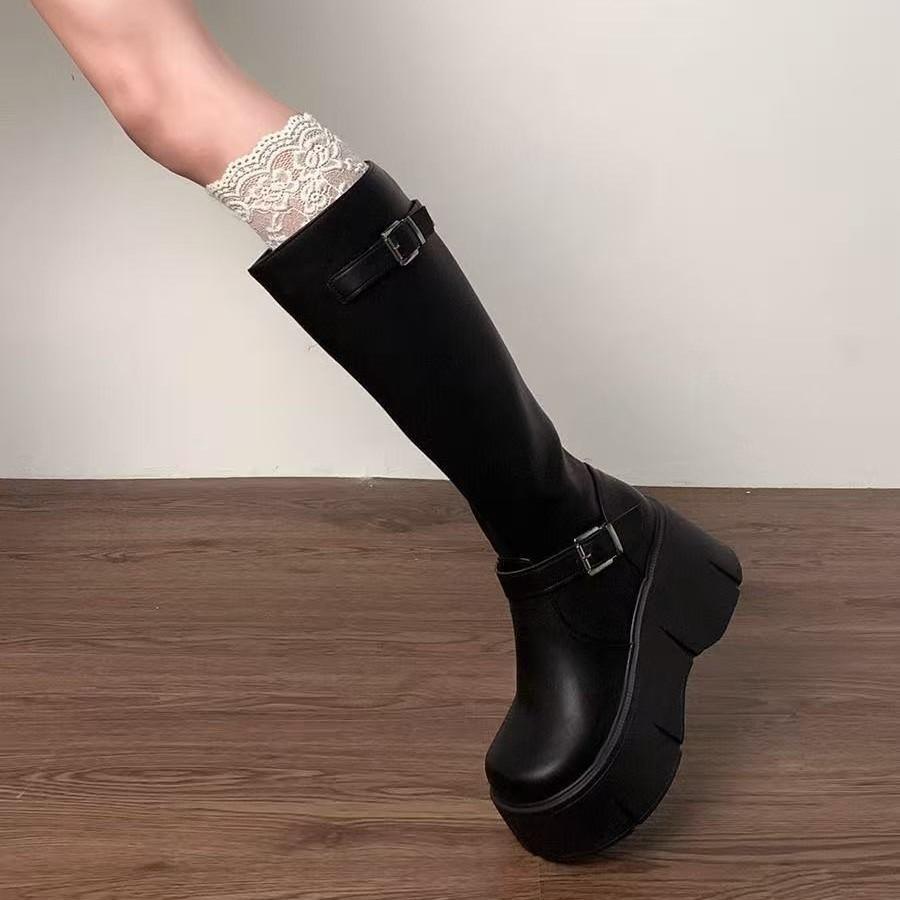 Retro French black platform boots, new autumn small new products, thin and heightened knight boots