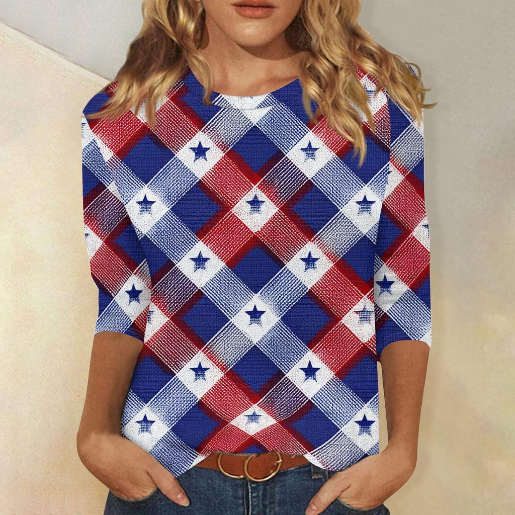 T-shirt Top Décontracté Tendance pour Femme Imprimé Drapeau Américain et Étoiles Fête de l'Indépendance Manches Trois-Quarts Col Rond