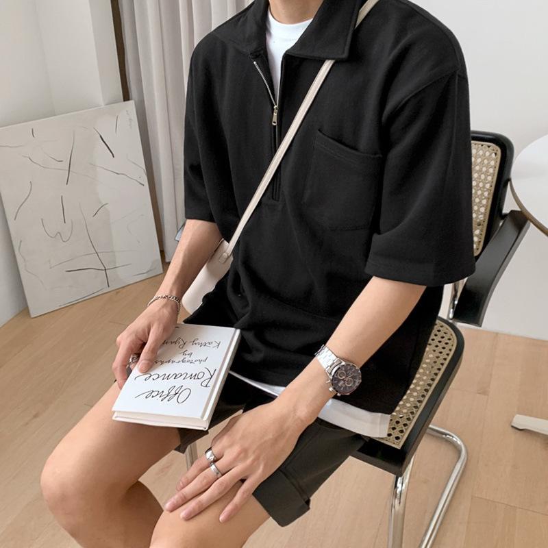 

Мужская корейская рубашка-поло на молнии - летняя ретро-лацкан, свободный крой, модная футболка с короткими рукавами X-Large чёрный