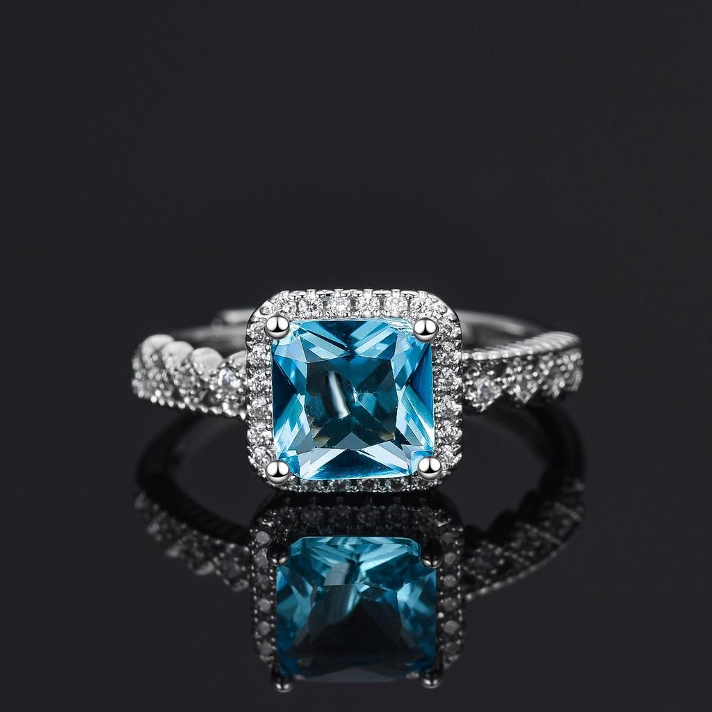 Blue Sugar Cube Women's Adjustable Open Ring - Four-Claw Inlaid Design, Fashion Light Luxury