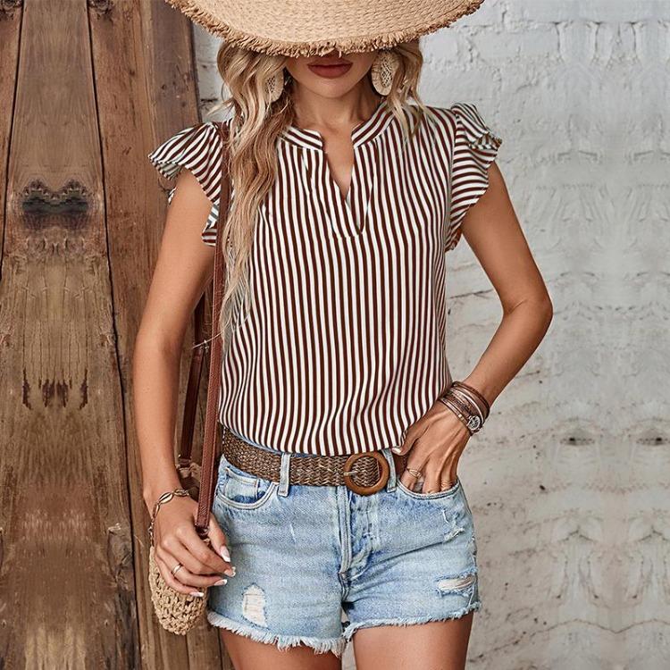 Chic Women's Striped V Neck Ruffle Blouse Short Sleeve Summer Tops