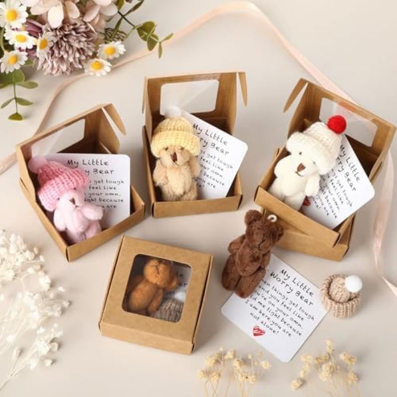 Set of 5 pocket-sized cuddly teddy bears, featuring mini plush teddy bears with a card and gift box – the perfect little gift for women or colleagues
