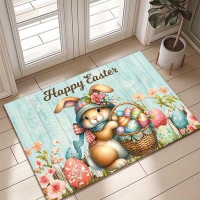 Easter Decorative Carpet Mat Rug with Hand-painted Eggs Wooden Texture Butterfly Home Decoration for Living Room Children's Room