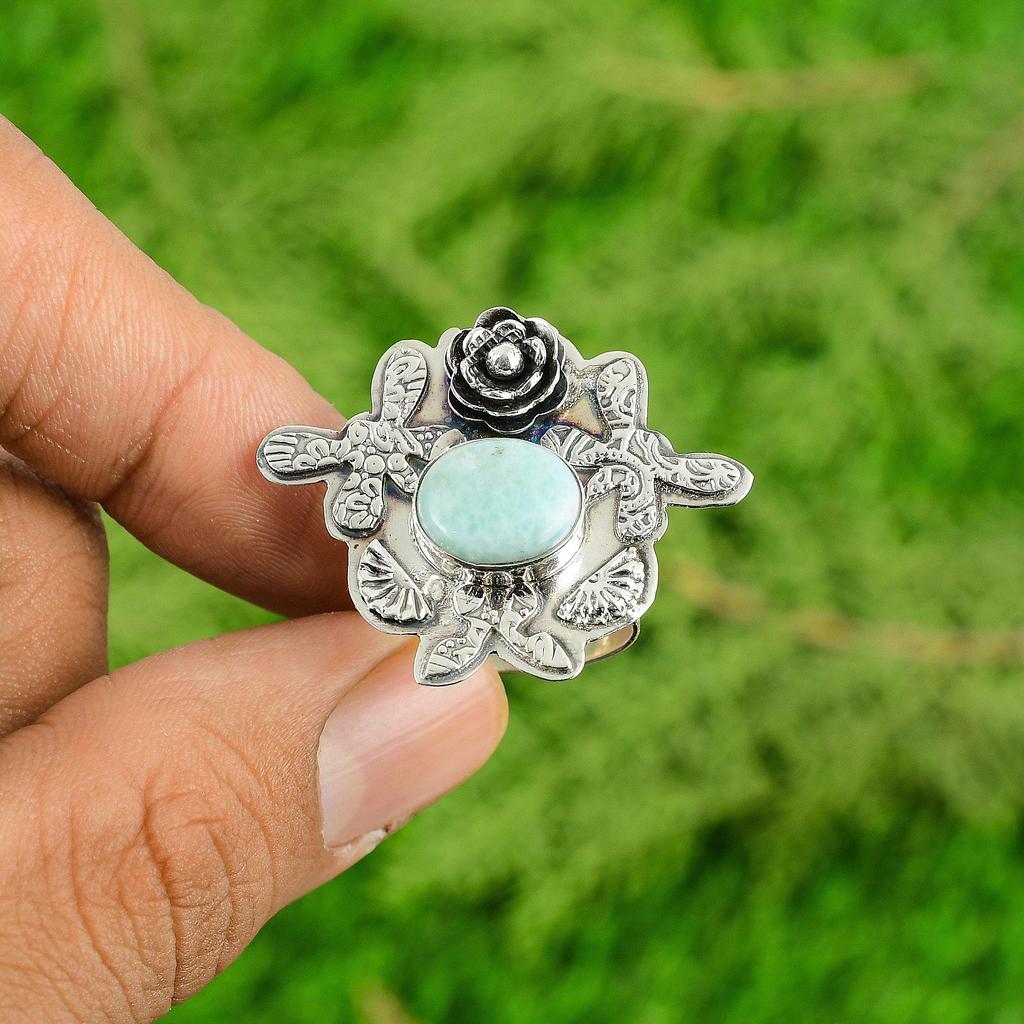 Gift For Women Stackable Flower Adjustable Ring 925 Silver Natural Larimar