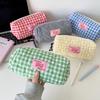 1pcs Quilted Heart Grid Pencil Pouch Korean Style Student Stationery Bag Portable Holder Storage Pouch Girls Bowknot Plaid