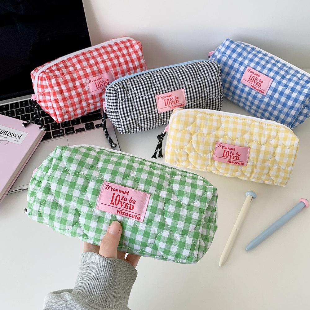 1pcs Quilted Heart Grid Pencil Pouch Korean Style Student Stationery Bag Portable Holder Storage Pouch Girls Bowknot Plaid