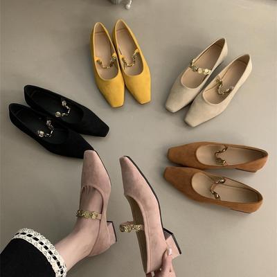 Premium Mary Jane Shoes Femininity One Word with Small Leather Shoes Metal Chain Square Head Shallow Mouth Single Shoes