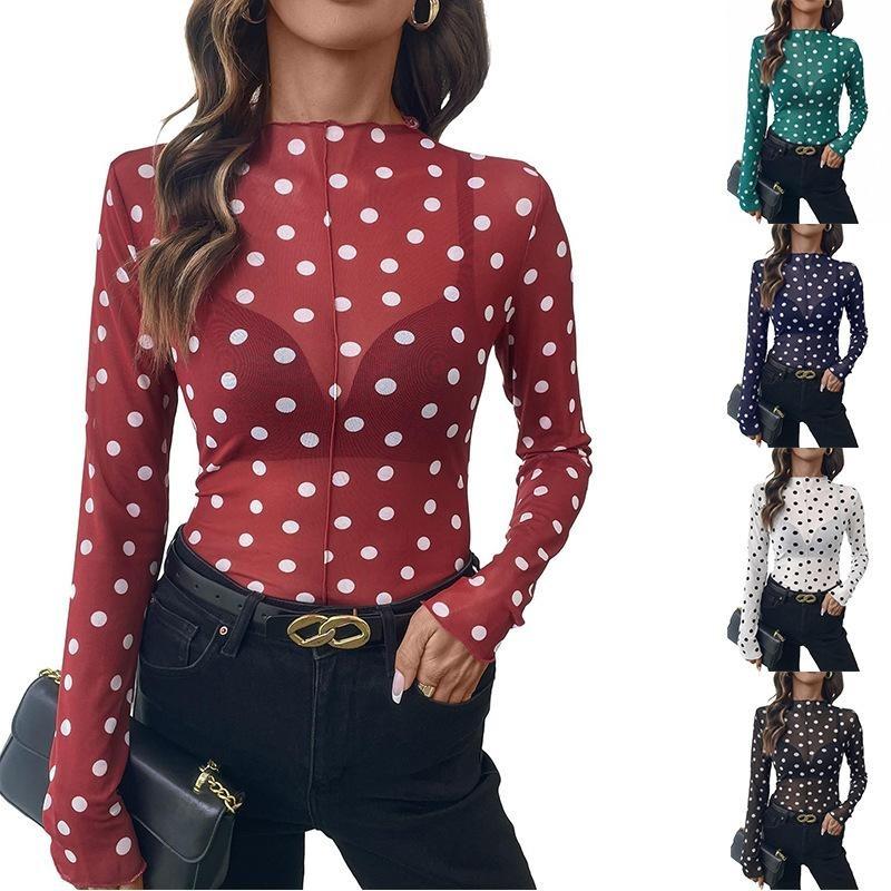 Women Sheer Polka Dot Mesh Half High Neck Long Sleeve Sexy T Shirt Top