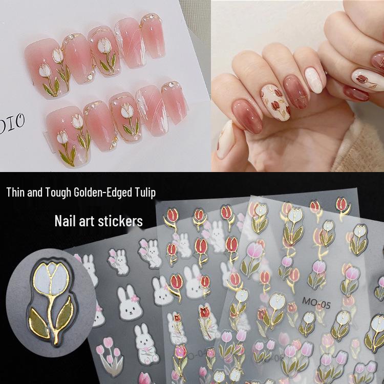 

Gold Edge Tulip & Bunny Nail Decals - Hand-Painted Outline with Small Flowers
