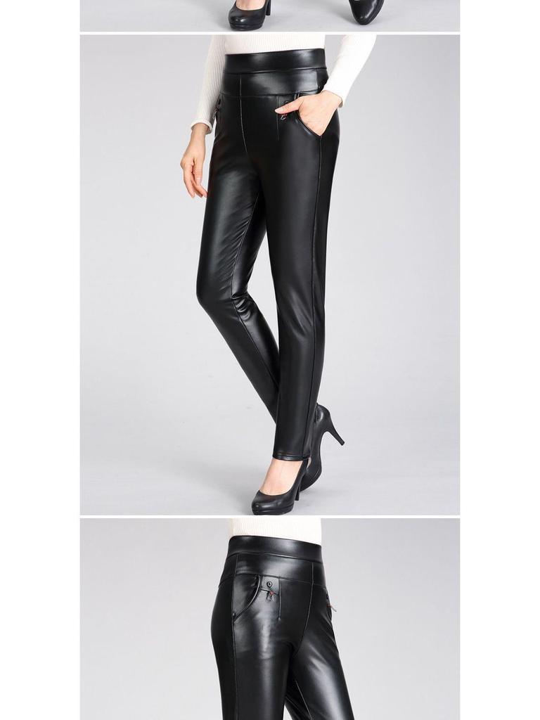 Mom's High-Waisted Leather Pants: Winter Plus Velvet Straight-Leg Style for Middle-Aged & Elderly Women