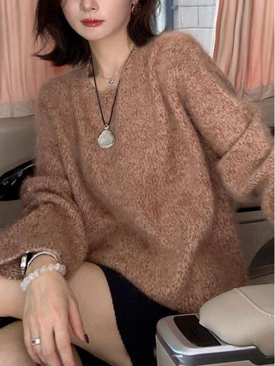 Pulover tricotat gros cu gât rotund, nou 25 Toamnă/Iarnă, dintr-un singur fir, din lână merinos cașmir