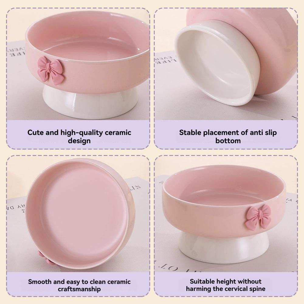 Cute Bow High-Footed Ceramic Cat Bowl, Elevated Pet Food Bowl for Anti-Vomiting, Multiple Colors Available