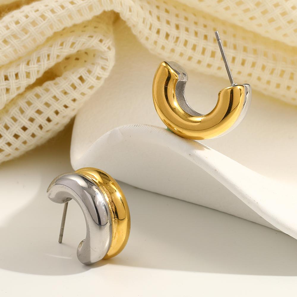 MamacitaSlay Unique Stainless Steel Two Color C-shaped Stud Earrings Party Trendy Waterproof Jewelry Women's Minimalist Gift