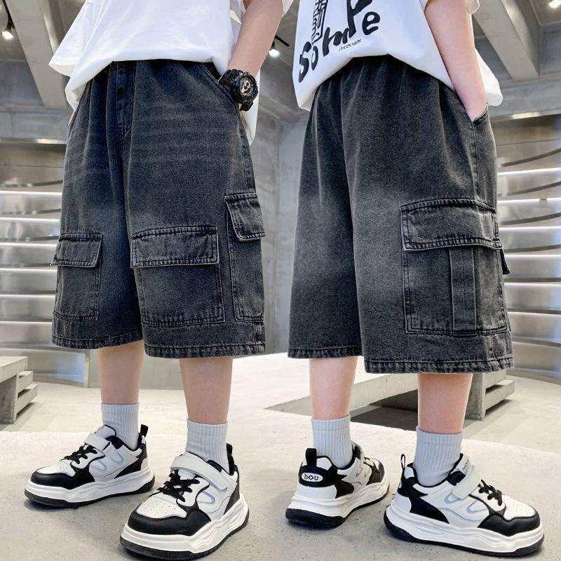 Summer Kids Designer Black Denim Cargo Shorts Tweens Boy Casual Straight Jeans Shorts for Child
