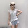 V Neck Elegant Glitter Sequin Women Blouse 2023 Summer Sexy Lace Gauze Patchwork Tops Short Sleeve Slim Black T-shirt 14652