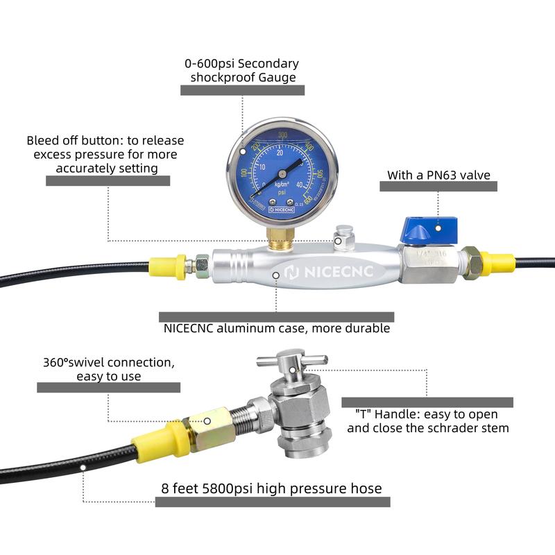Nitrogen Shock Fill Tool With 2" 600psi Gauge Schrader Valve For Polaris RZR Raptor FOX ATV UTV Yamaha Honda Suzuki Kawasaki