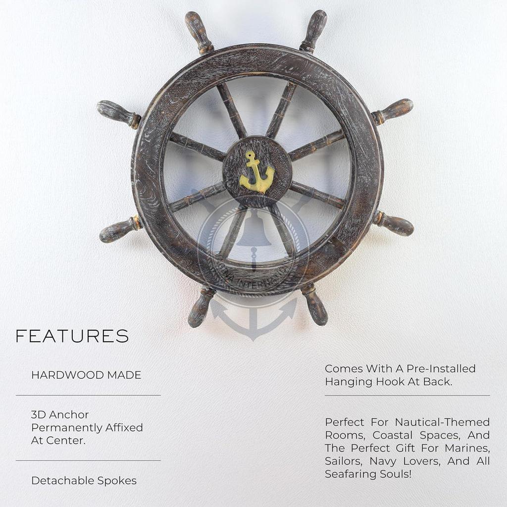 Frosty Antique Junkyard Crafted Wooden Ship Wheel | Anchor Motiff | Pirate's Home Wall Decor | Nagina International (24 Inches)