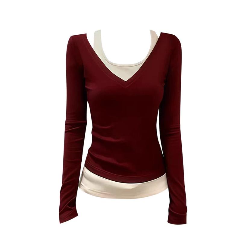 

Женская красная V-образная футболка с длинным рукавом в стиле кроп-топ на бретельках, двухцветная, приталенная, для осени/зимы M