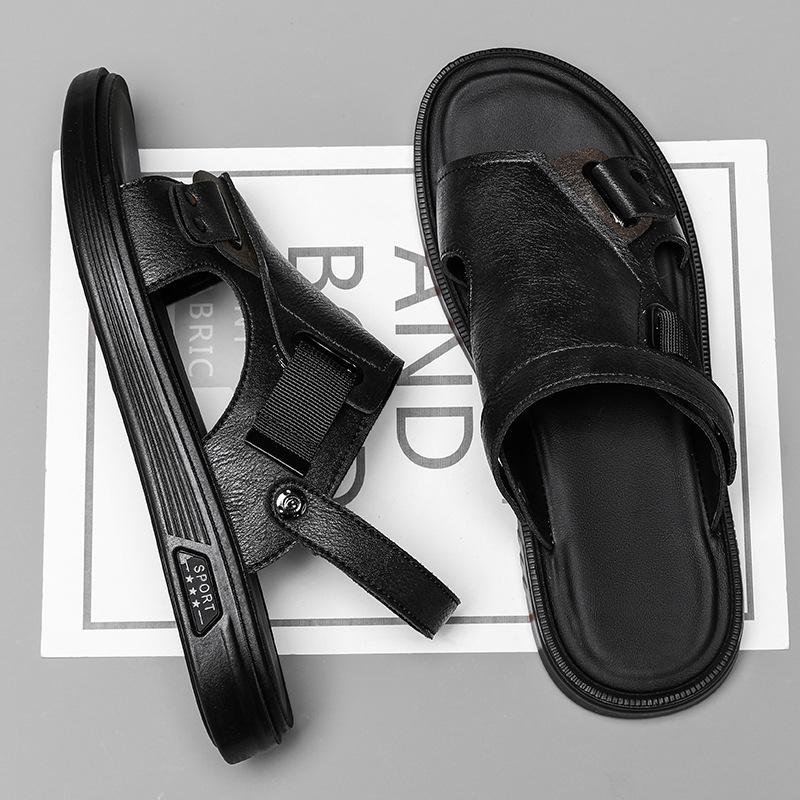 

Сандалии мужские 2025 года, новая летняя одежда, сандалии на мягкой подошве, мужские тапочки двойного назначения, мужские пляжные кожаные сандалии 38 чёрный