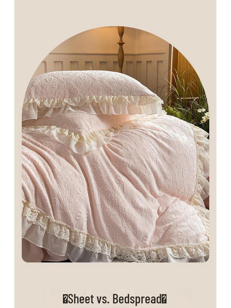 G5Z Princess Milk Velvet 4-Piece Set: Extra Thick French Lace Bedspread & Fitted Sheet