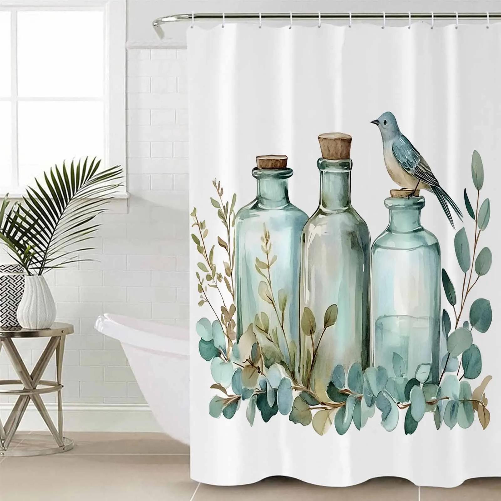 

Eucalyptus Leaves Glass Bottle Shower Curtains Waterproof Bath Curtains Home Decor Modern Luxury Bathroom Curtain W60H190(CM)-1 Pcs