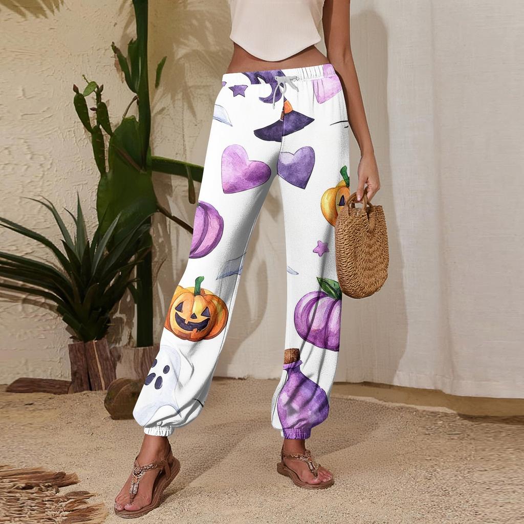 Women's Halloween Print Casual Jogger Pants with Drawstring Elastic Waist and Cuffed Hem